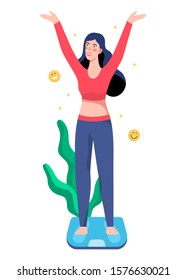 Beautiful slim woman standing on bathroom scales. Idea of weight loss and healthy living. Happy woman. Isolated vector illustration