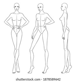 Beautiful Slim Women. Fashion Models Posing, Vector Sketch Illustration.  Nine Head Fashion Figure Templates. 