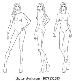 Beautiful Slim Women. Fashion Models Posing, Vector Sketch Illustration.  Nine Head Fashion Figure Templates. 