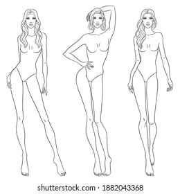 Beautiful slim women. Fashion models posing, vector sketch illustration.  Nine head fashion figure templates. 