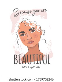 beautiful slogan with cartoon wavy hair girl illustration 