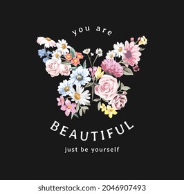 beautiful slogan with colorful flowers in butterfly shape vector illustration on black background