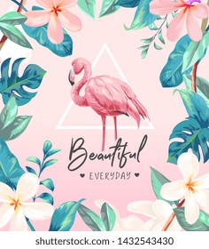 beautiful slogan with flamingo and flower illustration 