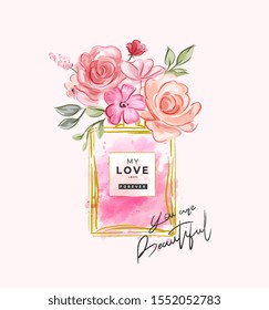 beautiful slogan with flowers in perfume bottle illustration