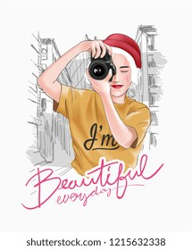 beautiful slogan with girl holding camera illustration