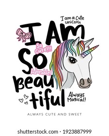 Soy tan hermoso texto de eslogan y diseño de ilustración de dibujos unicornios para gráficos de moda, estampados de camisetas, afiches, pegatinas, etc