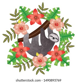 beautiful sloth bear with tropical floral decoration
