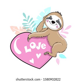 A beautiful sloth sits on a pink heart and the inscription love on a white background. Valentine's Day Greeting Card