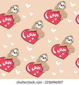 A beautiful sloth sits on a red heart and the inscription love seamless pattern. Valentine's Day Greeting Card