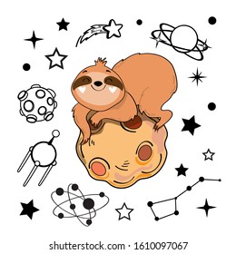 Beautiful sloth in space and cosmos vector objects on a white background