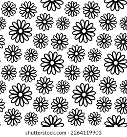 Beautiful small black contour linear flowers isolated on white background. Cute monochrome floral seamless pattern. Vector simple flat graphic illustration. Texture.