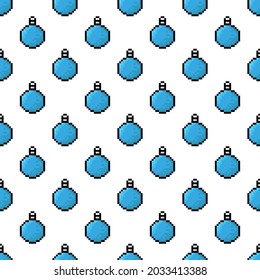 Beautiful small blue pixel Christmas balls isolated on white background. Cute seamless pattern. Vector simple flat graphic illustration. Texture.