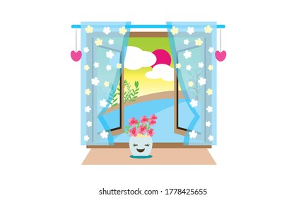 Beautiful small flowers adorn the window in front of the house.Vector flower concept.