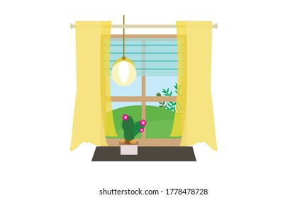 Beautiful small flowers adorn the window in front of the house.Vector flower concept.