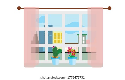 Beautiful small flowers adorn the window in front of the house.Vector flower concept.