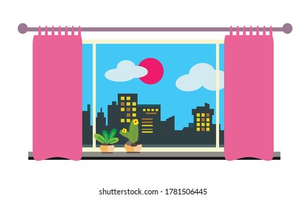 Beautiful small flowers adorn the window in front of the house.Vector flower concept.