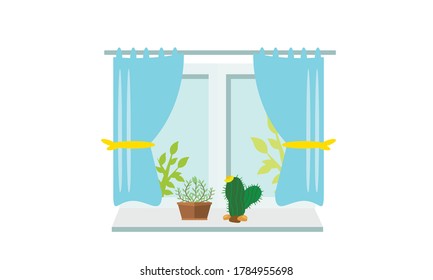 Beautiful small flowers adorn the window in front of the house.Vector flower concept.