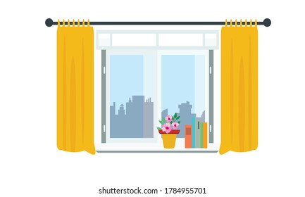 Beautiful small flowers adorn the window in front of the house.Vector flower concept.