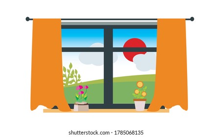 Beautiful small flowers adorn the window in front of the house.Vector flower concept.