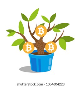 Beautiful small green tree bonsai in a pot on which cryptocurrency coins grow. Tree with bitcoin finance mined treasure startup. Modern vector style illustration flat design cartoon creative idea.