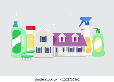 Beautiful small house surrounded by giant cleaning products. Concept of home cleaning or cleaning. Beautiful vector illustration.