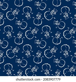 Beautiful small ink white contour snowmen isolated on dark blue background. Cute monochrome Christmas seamless pattern. Vector simple flat graphic hand drawn illustration. Texture.