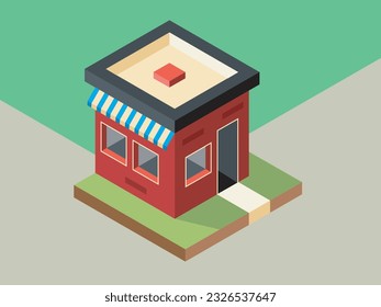 Beautiful small isometric house on green ground isolated on white. Property, real estate, construction and rent concept. EPS 8 vector illustration