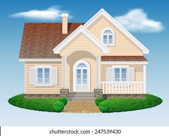 beautiful small residential house with sky and grass background