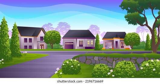 Beautiful small town with street, green lawn, bush and trees vector illustration