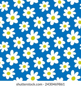 Beautiful small white-yellow flowers isolated on a blue background. Cute floral seamless pattern. Vector simple flat graphic hand drawn illustration. Texture.