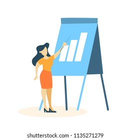 Beautiful smart business woman standing at the blue board, making presentation and explaining graphs to the group of people. Idea of riding graph. Isolated flat vector illustration