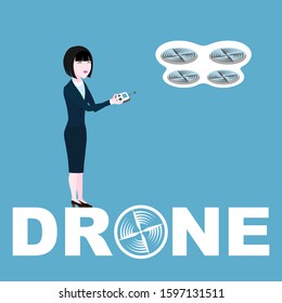 Beautiful smart stylish Asian business lady in blue suit. Drone and girl. Silhouette woman control flying air quadcopter. Vector flat illustration. Picture with the inscription "drone".