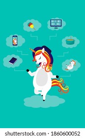 Beautiful smart unicorn mom with baby, laptop, phone, book, whisk and pan. Smart case allocation concept. Vector