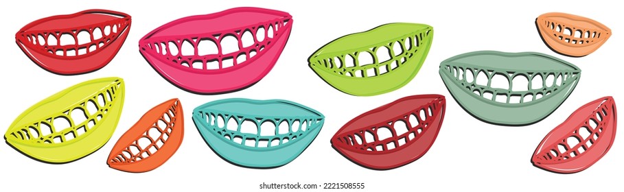 Beautiful smile. Braces and Retainers concept. Poster art. Pop art. Cool and spooky print. Teeth and wide smile. Lively bright and colorful. Glossy lips clip art. Paper cut art. Glamorous. abstract.