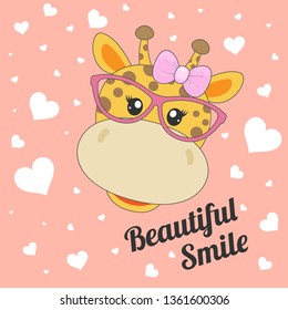 Beautiful smile cartoon giraffe in glasses on the pink background. Modern kids graphics for t-shirts. Greeting card. Vector illustration.
