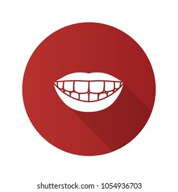 Beautiful smile with healthy teeth flat design long shadow glyph icon. Vector silhouette illustration