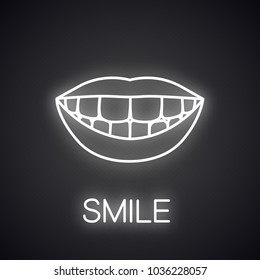 Beautiful smile with healthy teeth neon light icon. Stomatology glowing sign. Vector isolated illustration