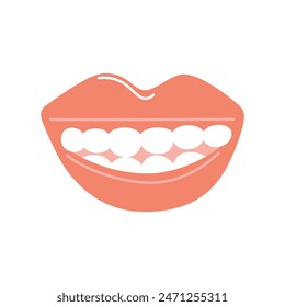 Beautiful smile icon, vector illustration of shiny white teeth, dental care concept, mouth with red lips and healthy teeth, cartoon design element for dentistry, isolated colored clipart