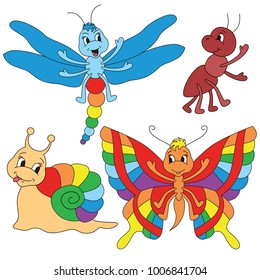 Beautiful Smiley Insects elements set, collection of coloring book template, the group of outline digital elements vector illustration, kid educational game page.