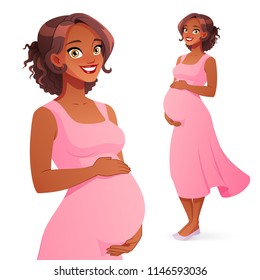 Beautiful smiling African American pregnant woman. Full length cartoon style vector illustration isolated on white background.