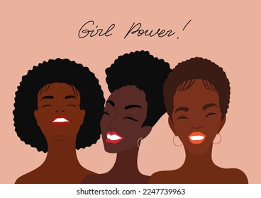 Beautiful smiling African American women. Happy female faces. International Women's Day. Girl power. Afro hair style.Woman friendship concept. Feminists