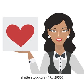 beautiful smiling african-american girl holding blank sign template, business advertising concept