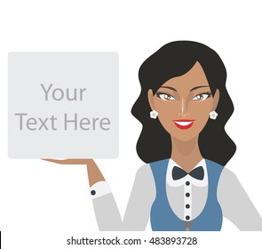 beautiful smiling african-american or hispanic girl holding blank sign template, business advertising concept