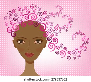 Beautiful, Smiling, Black Woman, Bald Lady With Wig- Cancer, Dotted, Pink Background