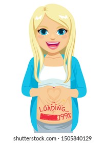 Beautiful smiling blonde pregnant woman with loading baby text painted in red on belly and making heart symbol with hands growing concept