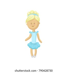 Beautiful smiling blonde soft doll in a light blue dress, sewing toy cartoon vector Illustration