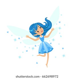 Beautiful smiling blue Fairy girl flying colorful cartoon character vector Illustration