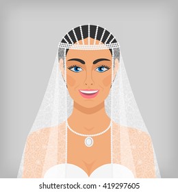beautiful smiling bride in veil. vector illustration - eps 10