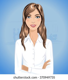 Beautiful smiling business woman  in her office. Business lady wearing white shirt. Business person.