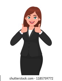 Beautiful smiling business woman showing thumbs up sign / gesturing with both hands. Like, agree, approve, positive concept illustration in vector cartoon style.